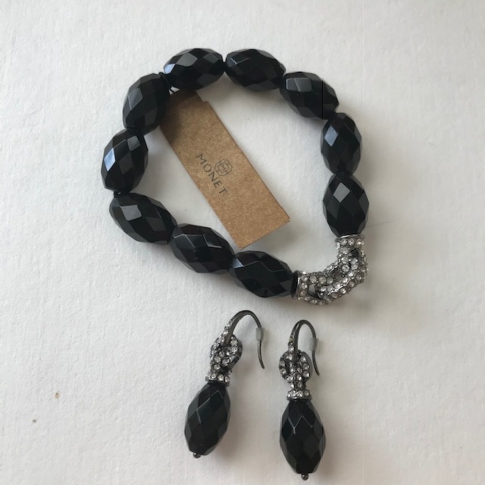 Monet Black Bracelet Earrings Crystals Retro NWT